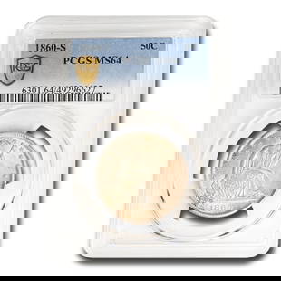1860-S Liberty Seated Half Dollar MS-64: 1860-S Liberty Seated Half Dollar MS-64 PCGS SKU no: RBJ293085 Year: 1860 Grade Service: PCGS Denomination: $0.50 Metal Content: 0.3617 troy oz Purity: .900 Diameter: 30 mm 