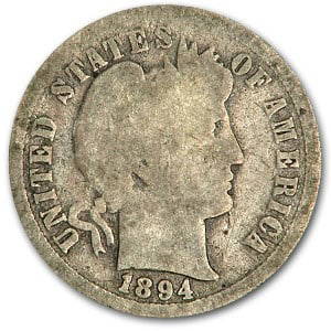 1894-O Barber Dime Good: 1894-O Barber Dime Good SKU no: RBJ3160 Year: 1894 Grade: Good Grade Service: None Denomination: 10 Cents Mint Mark: O - New Orleans Metal Content: 0.0715 troy oz Purity: .900