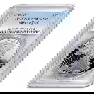 2013-W Proof American Silver Eagle PR-70: 2013-W Proof American Silver Eagle PR-70 PCGS SKU no: RBJ82521 Year: 2013 Grade Service: PCGS Denomination: $1.00 Metal Content: 1 troy oz Purity: .999 Thickness: 2.98 mm 