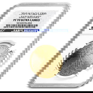 2010-W 1 oz Proof Gold Eagle: 2010-W 1 oz Proof Gold Eagle PF-70 UCAM NGC (Early Releases) SKU no: RBJ59644 Year: 2010 Grade Service: NGC Denomination: 50 Dollars Metal Content: 1 troy oz Purity: .9167 Thickness: 2.87