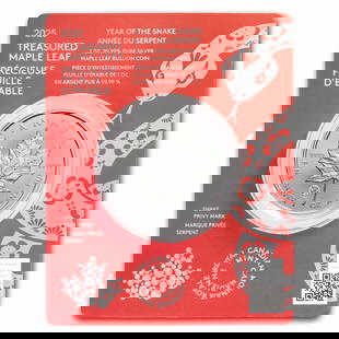 2025 RCM $5 1 oz Silver: 2025 RCM $5 1 oz Silver Treasured Maple Leaf Year of the Snake SKU no: RBJ303940 Year: 2025 Grade: Brilliant Unc Grade Service: Assay Card Denomination: 5 Dollars Mint Mark: RCM (Not Shown) <b