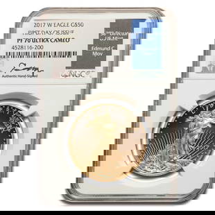 2017-W 1 oz Proof Gold Eagle: 2017-W 1 oz Proof Gold Eagle PR-70 NGC (FDI, Moy Signed) SKU no: RBJ252162 Year: 2017 Grade Service: NGC Denomination: 50 Dollars Metal Content: 1 troy oz Purity: .9167 Thickness: 2.87 mm