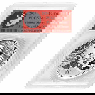 2024 China 30 gram Silver Panda: 2024 China 30 gram Silver Panda MS-70 PCGS (FDI, Yin-Yang) SKU no: RBJ286433 Year: 2024 Grade: MS-70 Grade Service: PCGS Denomination: 10 Yuan Mint Mark: Not Shown Metal Content: 0.9645 t