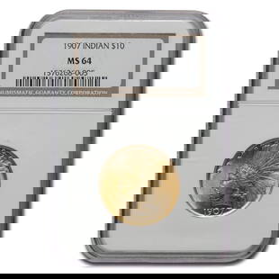 1907 $10 Indian Gold Eagle MS-64: 1907 $10 Indian Gold Eagle MS-64 NGC SKU no: RBJ58175 Year: 1907 Grade Service: NGC Denomination: $10 Metal Content: 0.4838 troy oz Purity: .900 Thickness: 2.03 mm Diameter: 27 m