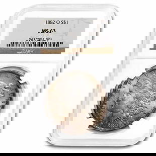 1882-O Morgan Dollar MS-63 NGC: 1882-O Morgan Dollar MS-63 NGC SKU no: RBJ21052 Year: 1882 Grade Service: NGC Denomination: $1.00 Metal Content: 0.7734 troy oz Purity: .900 Thickness: 3.1 mm Diameter: 38.1