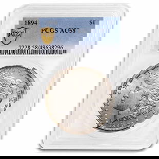 1894 Morgan Dollar AU-58 PCGS: 1894 Morgan Dollar AU-58 PCGS SKU no: RBJ76034 Year: 1894 Grade Service: PCGS Denomination: $1.00 Metal Content: 0.7734 troy oz Purity: .900 Thickness: 3.1 mm Diameter: 38.1