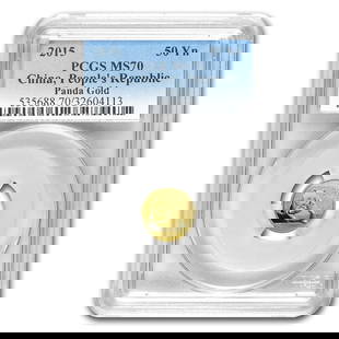 2015 China 1/10 oz Gold Panda: 2015 China 1/10 oz Gold Panda MS-70 PCGS SKU no: RBJ92160 Year: 2015 Grade Service: PCGS Denomination: 50 Yuan Metal Content: 0.1 troy oz Purity: .999 Thickness: 1.05 mm Diameter