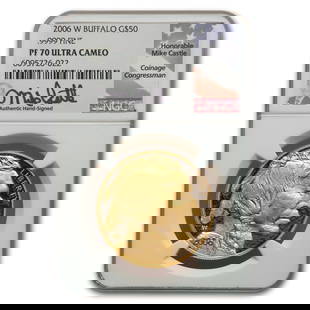 2006-W 1 oz Proof Gold Buffalo: 2006-W 1 oz Proof Gold Buffalo PF-70 NGC (Mike Castle) SKU no: RBJ232943 Year: 2006 Grade Service: NGC Denomination: 50 Dollars Metal Content: 1 troy oz Purity: .9999 Thickness: 2.95 mm <