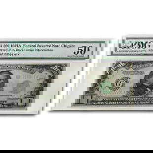 1934-A (G-Chicago) $1,000 FRN AU-50 PMG: 1934-A (G-Chicago) $1,000 FRN AU-50 PMG (Fr#2212-G) SKU no: RBJ55403 Year: 1934 Grade: Almost Unc - 50 Grade Service: PMG Denomination: 1,000 Dollars Mint Mark: G - Chicago Metal Content: