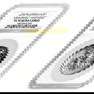 2010 Australia 1 oz Silver Kangaroo: 2010 Australia 1 oz Silver Kangaroo High Relief PF-70 NGC SKU no: RBJ150012 Year: 2010 Grade: Proof - 70 UCAM Grade Service: NGC Denomination: 1 Dollar Mint Mark: P - Perth Metal