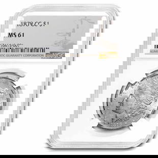 1878-CC Morgan Dollar MS-61 NGC: 1878-CC Morgan Dollar MS-61 NGC SKU no: RBJ20632 Year: 1878 Grade: MS-61 Grade Service: NGC Denomination: $1.00 Mint Mark: CC - Carson City Metal Content: 0.7734 troy oz 