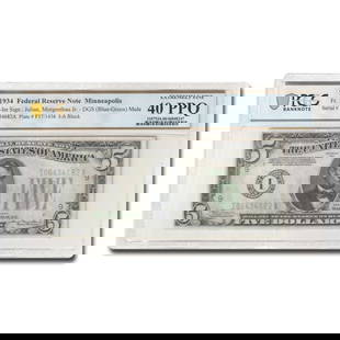1934 (I-Minneapolis) $5.00 FRN XF-40 PPQ: 1934 (I-Minneapolis) $5.00 FRN XF-40 PPQ PCGS (Fr#1956-I) SKU no: RBJ301994 Year: 1934 Grade: Extra Fine - 40 Grade Service: PCGS Denomination: 5 Dollars Mint Mark: I - Minneapolis Metal
