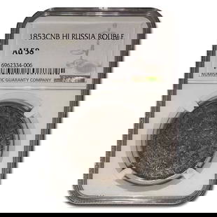 1853-CNB Russia Silver Rouble Nicholas I: 1853-CNB Russia Silver Rouble Nicholas I AU-58 NGC SKU no: RBJ314655 Year: 1853 Grade: Almost Unc - 58 Grade Service: NGC Denomination: 1 Rouble Mint Mark: St. Petersburg (Not Shown) Meta