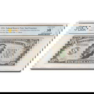 1934 (L-San Francisco) $10 FRN VF-30: 1934 (L-San Francisco) $10 FRN VF-30 PCGS (Fr#2005-Lm*) SKU no: RBJ299238 Year: 1934 Grade: Very Fine - 30 Grade Service: PCGS Denomination: 10 Dollars Mint Mark: L - San Francisco Metal
