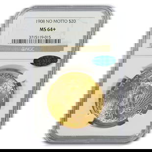 1908 $20 St Gaudens Gold Dbl: 1908 $20 St Gaudens Gold Dbl Eagle MS-64+ NGC CAC (No Motto) SKU no: RBJ182384 Year: 1908 Grade Service: NGC Denomination: 20 Dollars Metal Content: 0.9675 troy oz Purity: .900 Thickness: