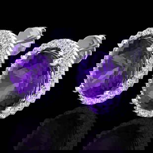 5 ctw Amethyst & Micro Pave VS/SI Diamond Earrings 18k White Gold: 5 ctw Amethyst & Micro Pave VS/SI Diamond Earrings 18k White Gold Item: Amethyst StudTotal Gem weight: 5 carats Metal: Solid 18k White Gold Gold Product Weight: Approx. 4.3 grams Jewelry Note: