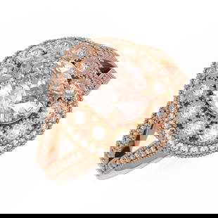 3.95 ctw Certified Morganite & Diamond Victorian Ring 14K Rose Gold: 3.95 ctw Certified Morganite & Diamond Victorian Ring 14K Rose Gold Item: Morganite RingTotal Gem weight: 3.95 carats Metal: Solid 14K Rose Gold Gold Product Weight: Approx. 6.7 grams Jewelry No
