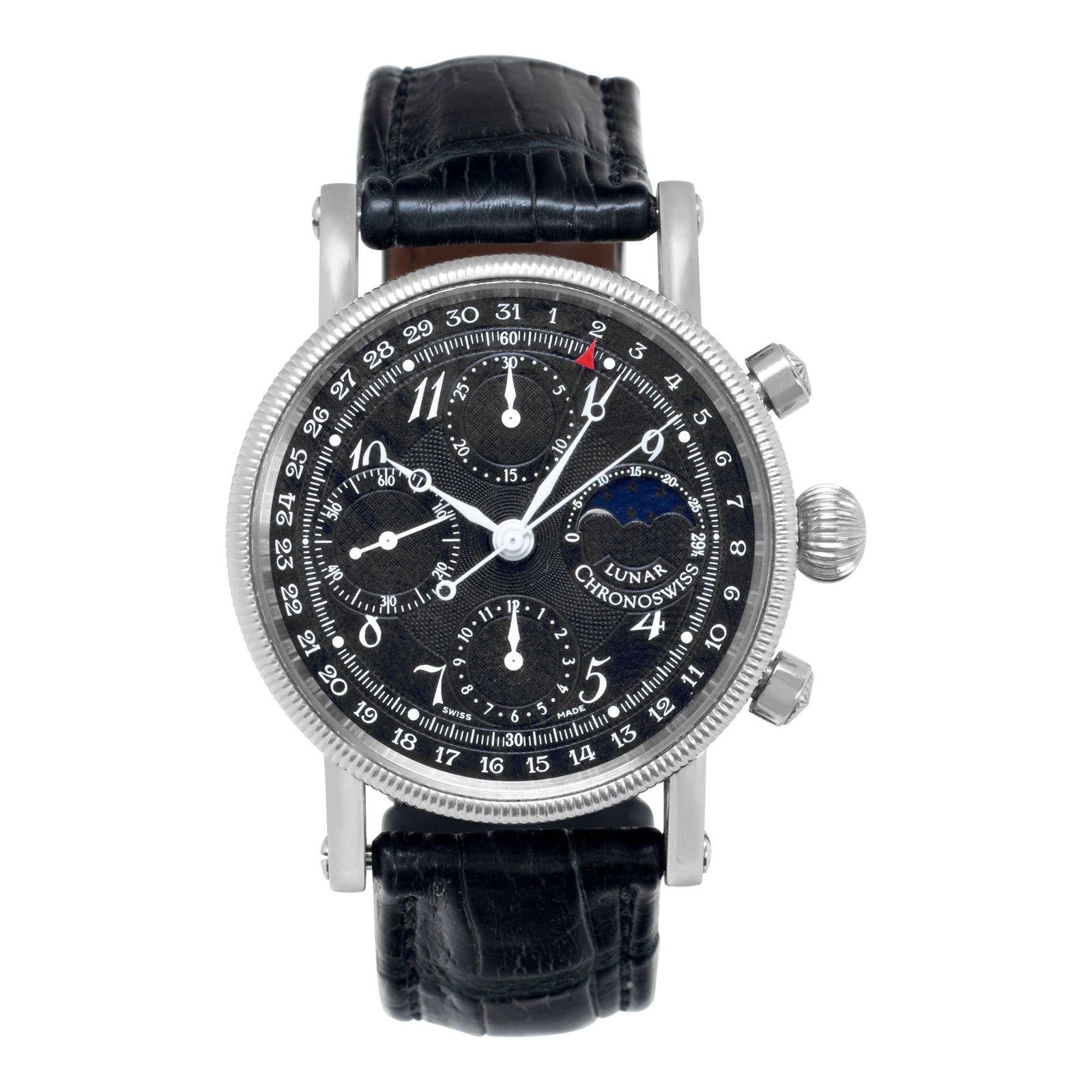 Chronoswiss Chronolunar CH7523 Stainless Steel Black: Chronoswiss Chronolunar CH7523 Stainless Steel Black dial 38mm Automatic watch Brand: Chronoswiss Model: Lunar Chronograph Model No: CH7523 Case Size: 38mm SKU no: RBJ1 ****** Features: Subseconds