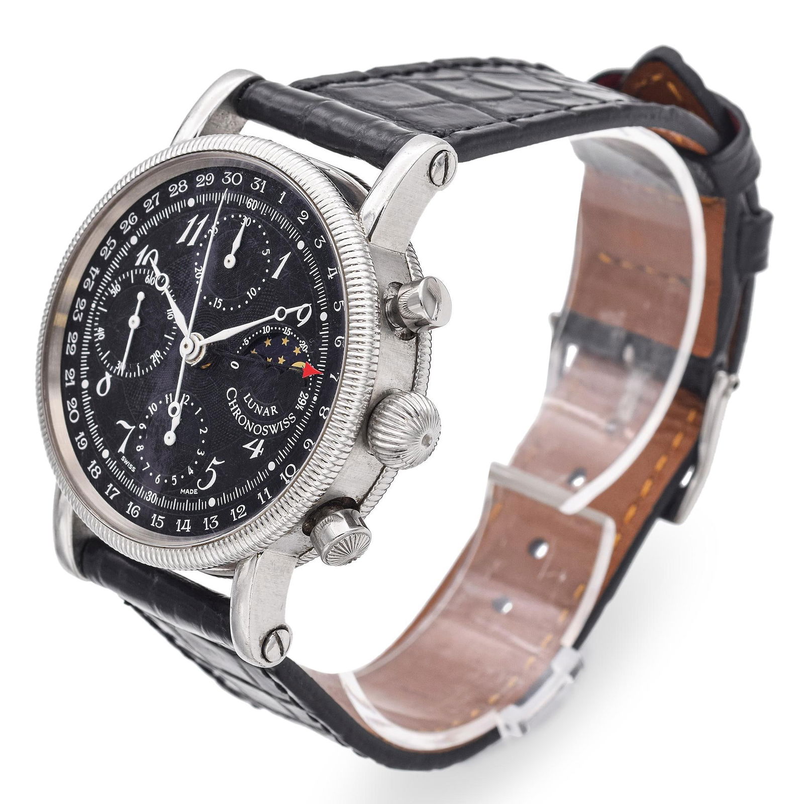 Chronoswiss Lunar Stainless Steel 38mm Automatic: Chronoswiss Lunar Stainless Steel 38mm Automatic Mens Watch CH7523 Creator: Chronoswiss Case Material: Stainless Steel Weight: 76.2 g Strap Material: Leather Case Shape: Round Movement: Automatic