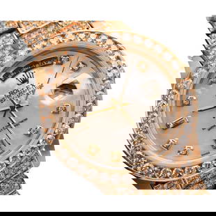 Rolex Presidential 18kt Gold White Mother: Rolex Presidential 18kt Gold White Mother of Pearl 8+2 Custom Diamond Watch Creator: Rolex Design: President Day Date Watch Case Material: Gold Stone: Diamond Stone Cut: Round Cut Strap Material: