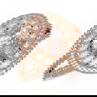 4.22 ctw Certified Morganite & Diamond Victorian Ring 14K Rose Gold: 4.22 ctw Certified Morganite & Diamond Victorian Ring 14K Rose Gold Item: Morganite RingTotal Gem weight: 4.22 carats Metal: Solid 14K Rose Gold Gold Product Weight: Approx. 7.2 grams Jewelry No