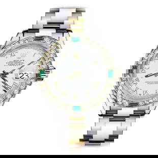 Rolex Pearl White Roman 26mm Datejust: Rolex Pearl White Roman 26mm Datejust Two Tone Diamond + Emerald Bezel Watch Creator: Rolex Design: Datejust WatchDatejust Collection Case Material: Gold, Stainless Steel Stone: Diamond, Emerald Stone