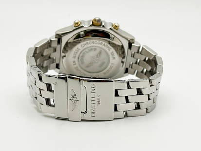 Breitling Chronomat B13050.1 Blue Dial 18K: Breitling Chronomat B13050.1 Blue Dial 18K Yellow Gold Stainless Steel Box Paper Creator: Breitling Case Material: Yellow Gold, Steel, Stainless Steel Case Dimensions: Diameter: 1.54 in (39 mm) Period
