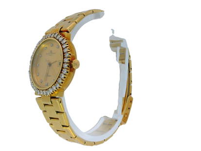 Baume & Mercier 18k Yellow Gold: Baume & Mercier 18k Yellow Gold Riviera Flat Bracelet Diamond Bezel & Dial Creator: Baume & Mercier Case Material: 18k Gold Weight: 58.76 g Strap Material: Gold Case Shape: Round 