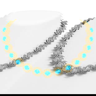 86.75 ctw Turquoise & Diamond Victorian Necklace 14K Yellow Gold: 86.75 ctw Turquoise & Diamond Victorian Necklace 14K Yellow Gold Item: Turquoise NecklaceTotal Gem weight: 86.75 carats Metal: Solid 14K Yellow Gold Gold Product Weight: Approx. 114.5 grams Jewe