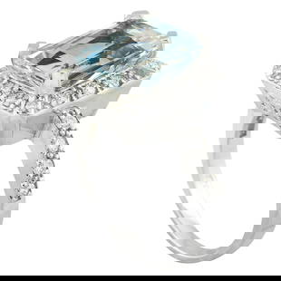 Natural Aquamarine Diamond Ring In 18K White Gold: Natural Aquamarine Diamond Ring In 18K White Gold 5.85 Carat Natural Aquamarine 18K Solid White Gold Diamond Ring Stamped: 18K Total Ring Weight: 7.4 Grams Aquamarine Weight 5.35 Carat