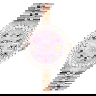 Rolex Ladies Rose Gold Datejust Pink: Rolex Ladies Rose Gold Datejust Pink MOP Rainbow Dial Diamond Bezel Watch Creator: Rolex Case Material: Stainless Steel Stone: Diamond Stone Cut: Bead Strap Material: Stainless Steel Case Shape: R