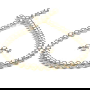 White Hanadama Japanese Akoya Pearl Jewelry Set, 8.0-8.5mm: White Hanadama Japanese Akoya Pearl Jewelry Set, 8.0-8.5mm 14K White Gold / 14kt Yellow Gold Tiffany 'X' Guidelines for Bidding We recommend for all bidders to review the LiveAuctioneers bidding