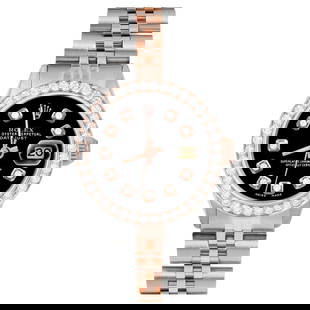 Rolex Ladies Rose Gold Datejust Black: Rolex Ladies Rose Gold Datejust Black Diamond Dial Diamond Bezel Watch Creator: Rolex Case Material: Stainless Steel Stone: Diamond Stone Cut: Bead Strap Material: Stainless Steel Case Shape: Roun