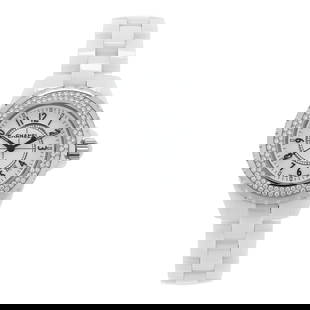 Chanel Stainless Steel Ceramic Diamond Pave: Chanel Stainless Steel Ceramic Diamond Pave Bezel 33mm J12 Quartz Watch White Brand: CHANEL Condition: Shows Wear Condition Details: Hardware: Scratch(es), , Box, Papers Circumference: 7