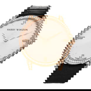 Harry Winston 18K Rose Gold Alligator: Harry Winston 18K Rose Gold Alligator Diamond Bezel 39mm Midnight Quartz Watch Champagne Brand: HARRY WINSTON Condition: Shows Wear Condition Details: Handle: Creases, Hardware: Faint scratch(es), , P