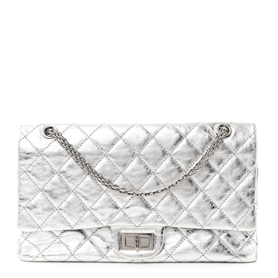 Chanel: A Metallic Silver Aged Calfskin Jumbo Flap Bag 2008