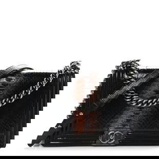 Chanel Patent Snakeskin New Medium Boy: Chanel Patent Snakeskin New Medium Boy Flap Black Brand: CHANEL Condition: Shows Wear Condition Details: Exterior: Corner wear, scuffs, marks, scales lifted, Interior: Scuffs, marks, , Box,