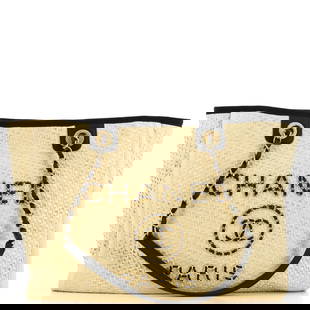 Chanel Deauville Tote Straw with Chain: Chanel Deauville Tote Straw with Chain Detail Small Exterior Color: Neutral Interior Color: Blue Exterior Material: Straw Interior Material: Fabric Hardware Color: Aged Gold 