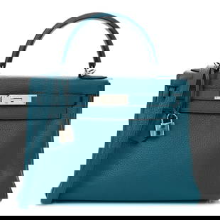 Hermes Taurillon Clemence Kelly Retourne 28: Hermes Taurillon Clemence Kelly Retourne 28 Bleu Izmir Brand: HERMES Condition: Shows Wear Condition Details: Exterior: Corner wear, structure loss, edge wear, imprints, surface wear,