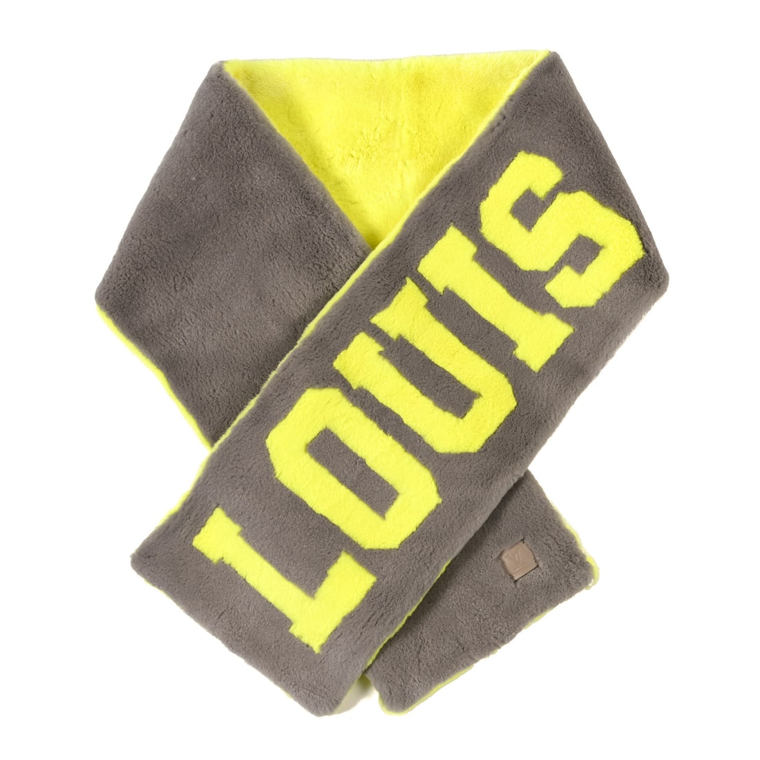 Louis Vuitton Mink Fur Logo Scarf: Louis Vuitton Mink Fur Logo Scarf Fluo Yellow Grey Brand: LOUIS VUITTON Condition: Excellent Condition Details: Exterior: Frayed, , Dust bag Length: 53 in Width: 8 in SKU no: RBJ1628023 Y