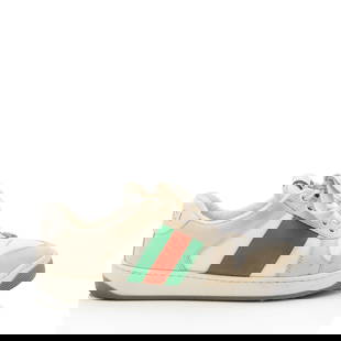 Gucci Leather Web Screener Sneakers -: Gucci Leather Web Screener Sneakers - Size 5.5 / 35.5 Condition Quality: Light darkening and marks throughout outsoles. Light darkening throughout insoles. Light marks and scuffs throughout uppers. Pl