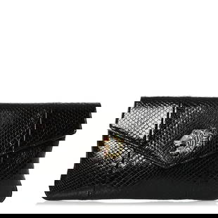 Gucci Snakeskin Rajah Broadway Envelope Clutch: Gucci Snakeskin Rajah Broadway Envelope Clutch Black Brand: GUCCI Condition: Shows Wear Condition Details: Interior: Surface wear, marks, Hardware: Faint scratch(es), Length: 12 in Height: 7 in Wi