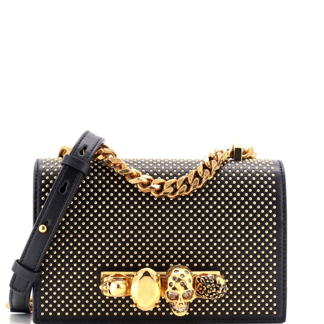 Alexander Mcqueen Jewelled Flap Satchel Studded: Alexander Mcqueen Jewelled Flap Satchel Studded Leather Small Exterior Color: Black Interior Color: Black Exterior Material: Leather Interior Material: Suede Hardware Color: Aged Gold Accessories