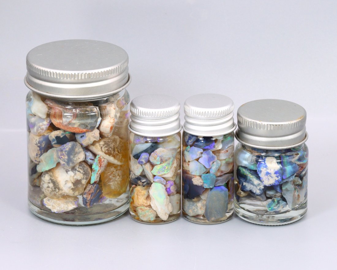 400Ct Group of 4 Australian Lightning Ridge Black Opal Rough Jars (1 of 2)