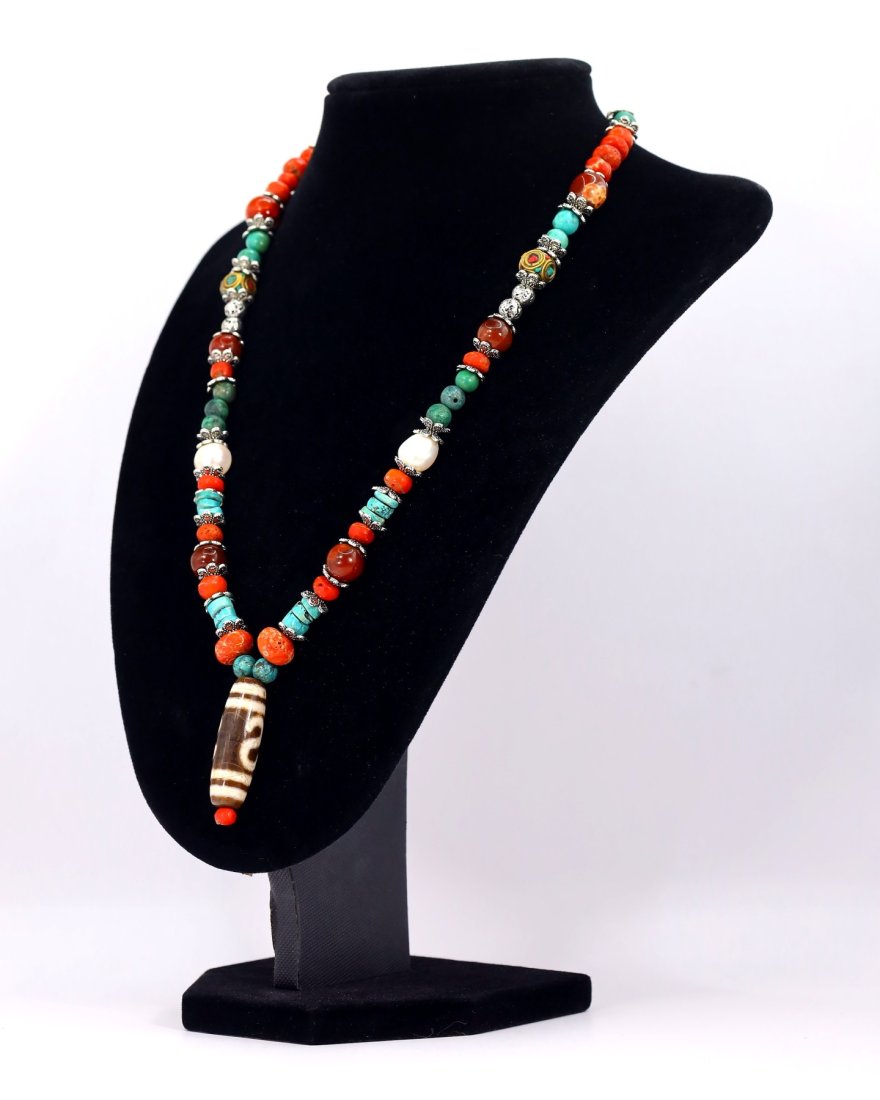 22" Antique Traditional Tibetan Red Coral Turquoise Pearl Carnelian Agate dZi Beads Necklace (1 of 6)