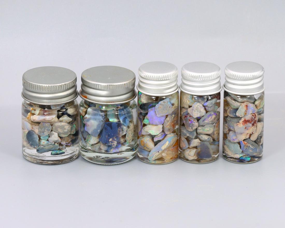 270Ct Group of 5 Australian Lightning Ridge Black Opal Rough Jars (1 of 2)