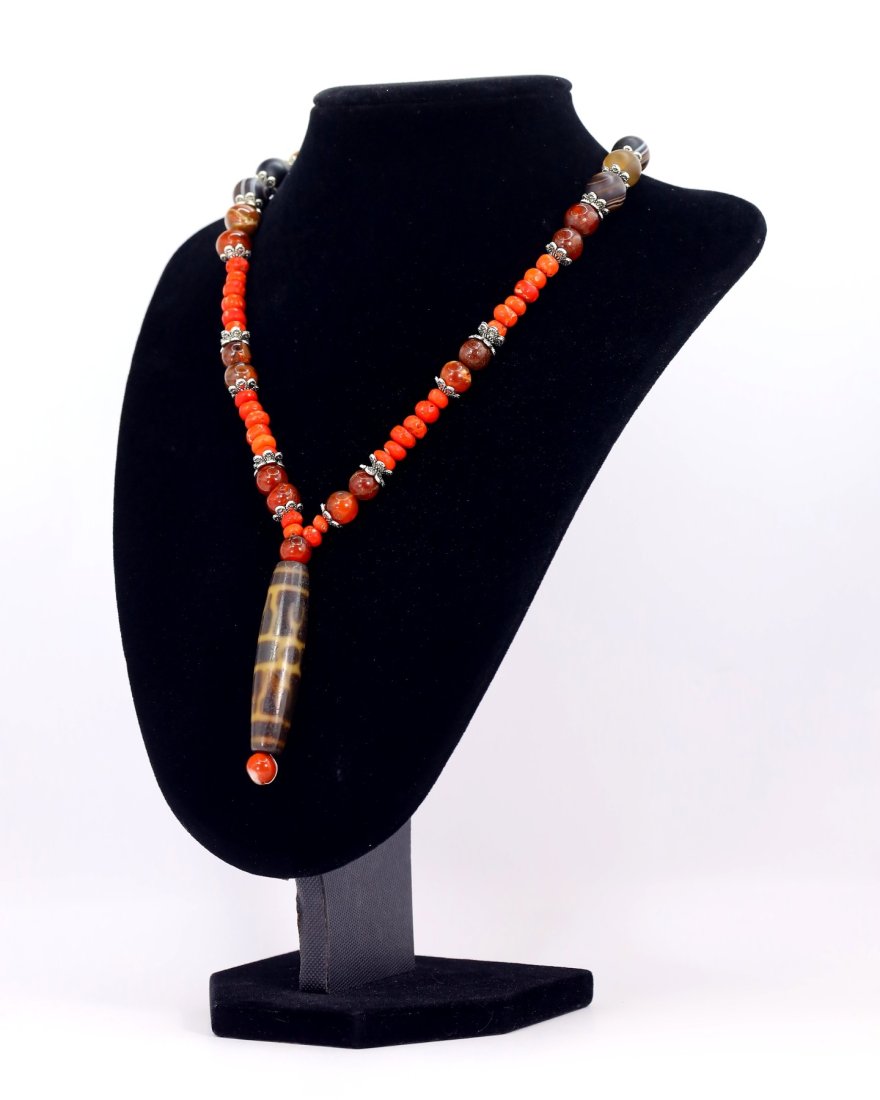 21" Antique Traditional Tibetan Red Coral Carnelian Agate dZi Beads Necklace (1 of 6)