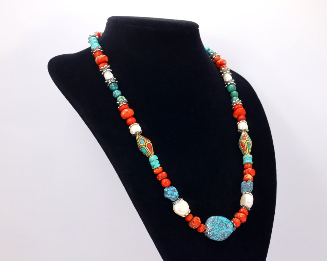 22" Antique Traditional Himalayan Tibetan Red Coral Turquoise Cultured Pearl Beaded Necklace: Thousand Planet Auction House Treasure Auction Day, all major kinds of Mineral, you will find in today's auctions. Join us and add our auction into your calendar. Today auction including Artifacts, Mi