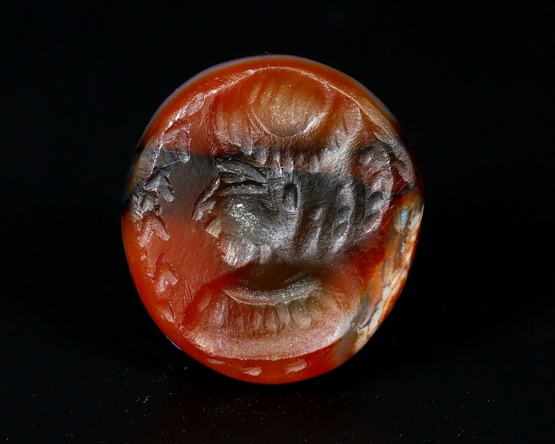 Ancient Sasanian Period Red Carnelian Stamp Seal 4th Century: Ancient Sasanian Period Carnelian Stamp Seal Cultures/Periods: Circa 4th Century A.C. Dimension: Diameter 45/64 inches (17.9x16.4x4.5mm) Findspot: Afghanistan Provenance: Private property to Dr. Josep