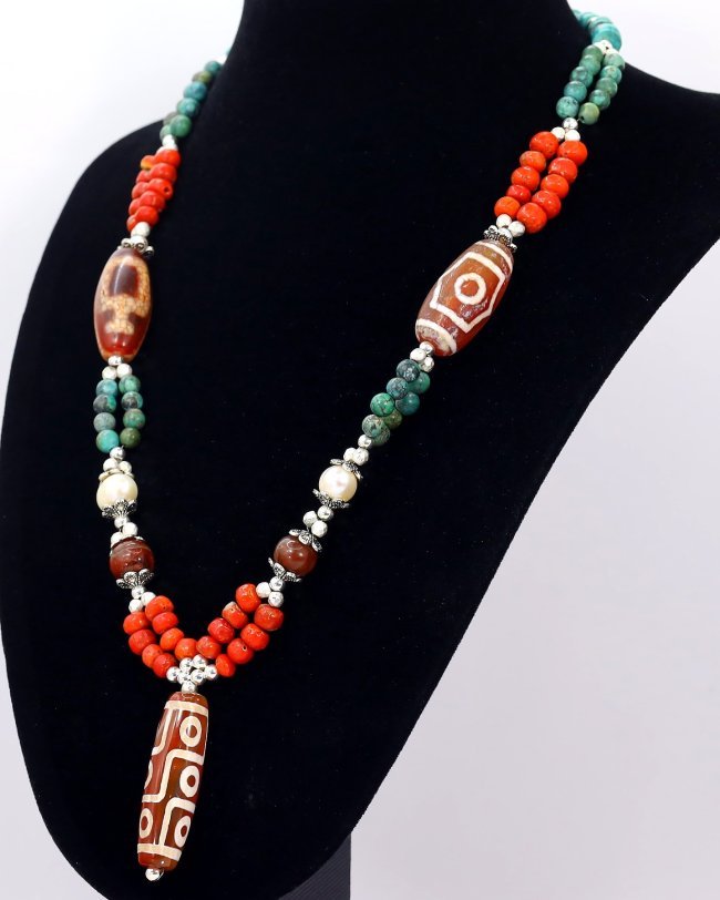 Antique Tibetan Agate dzi Beads Old Red Coral Carnelian Turquoise Pearl Beaded Necklace (1 of 10)